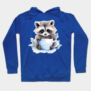 Blue eyes raccoon with a cup of coffee watercolor Hoodie